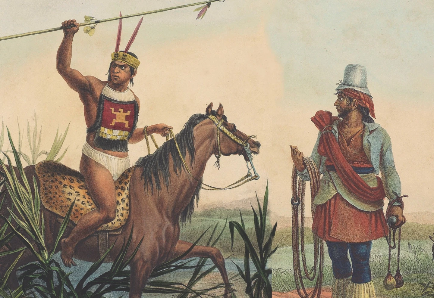 Ilustración de referencia de un hombre montado y otro de pie