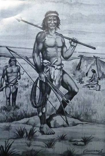Ilustración de referencia de dos hombres con lanzas y arcos, frente a un campamento